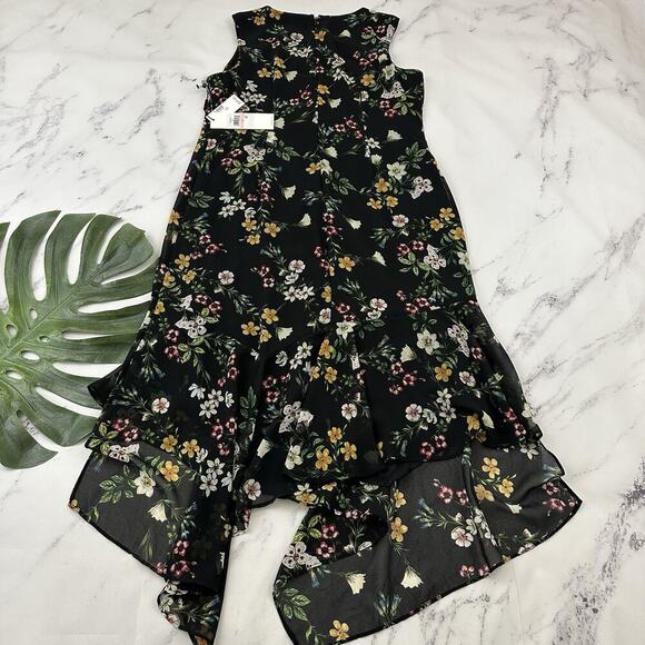 Calvin Klein Floral Midi Dress Size 10 New Black Green Flutter Hem Shift - Picture 7 of 10